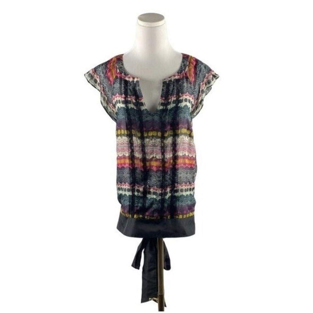 Anthropologie Silk Boho Sheer Blouse Pleated Lace Flutter Sleeve Top 8